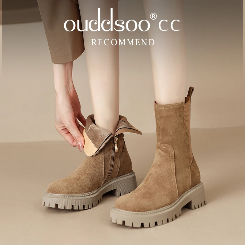 

Ods Autumn Shoes Women Chelsea Boots Round Toe Thick Heel Short Boots Cow Suede Boots for Women Winter Platform Shoes for Women