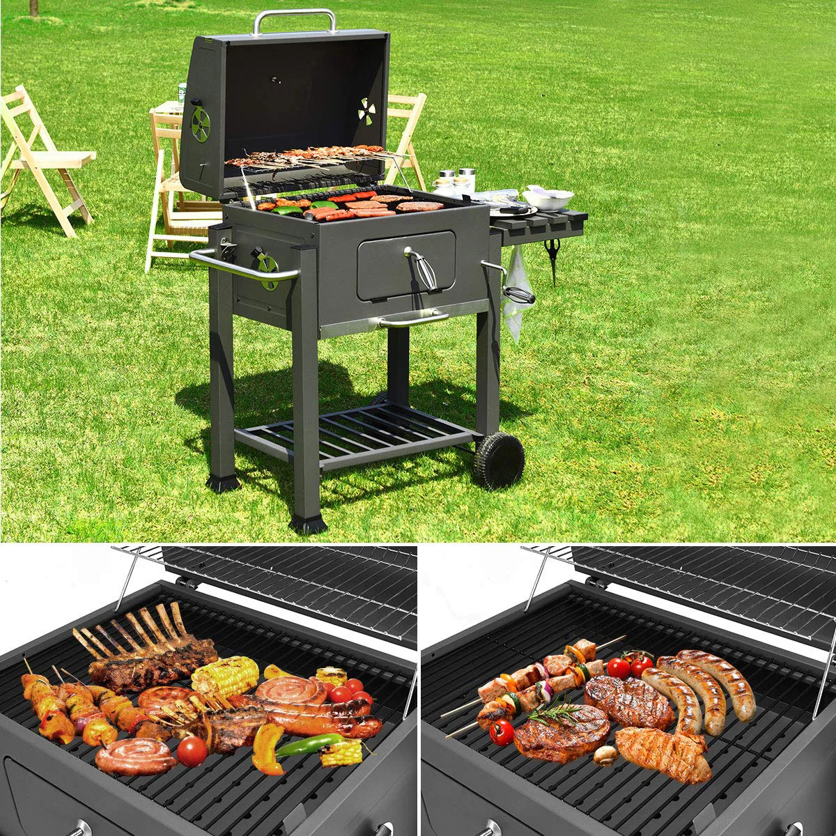Square Charcoal BBQ Grill, Outdoor Camping Garden Smoker, Barbecue Stove with Side Plate for Backyard Picnic Party Family Events
