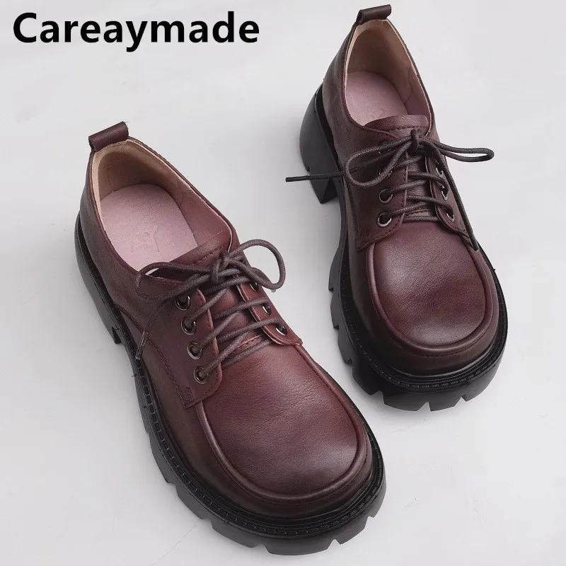 

Careaymade-Genuine Leather lace up simple fashion work shoes women's high heel thick sole breathable original single shoes