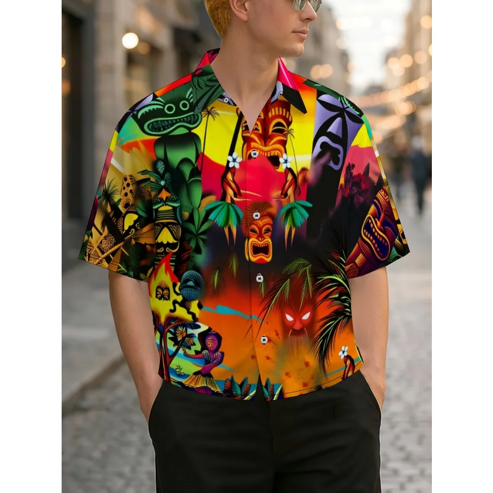 Men Oversized Cropped Rainbow Gradient Background Multi Tiki Face Tribal Hula Girl Hawaii Streetwear Short Sleeve Top