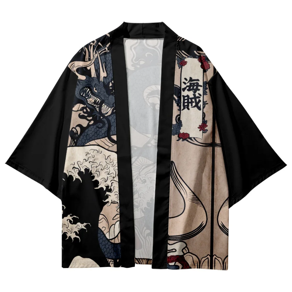 Vintage Asian Traditional Haori Japanese Ukiyo-e Dragon Waves Print Cosplay Kimono Cardigan Beach Yukata Women Men Clothing