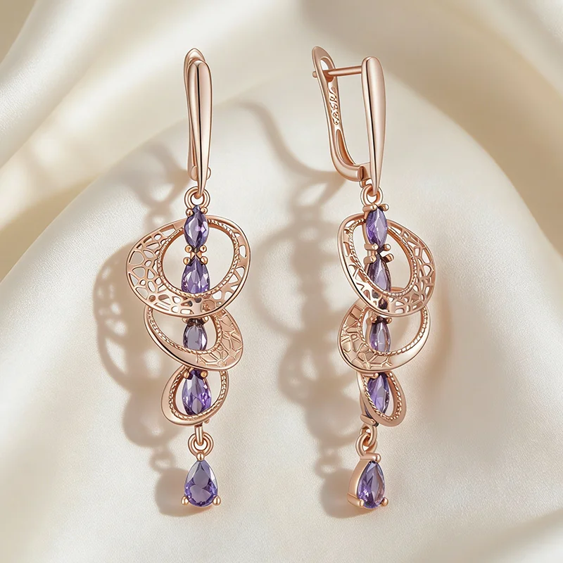Kinel Hot Shiny Purple Natural Zircon Drop Ohrringe für Frauen Trend 585 Rose Gold Farbe Braut Hochzeit Edlen Schmuck Kristall Geschenk
