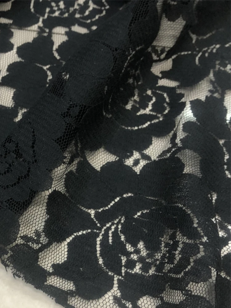 Pure Black Lace Fabric Thin Skirt Shirt Designer Mesh Clothing Designer Apparel Sewing Fabric Cloth for Diy Material