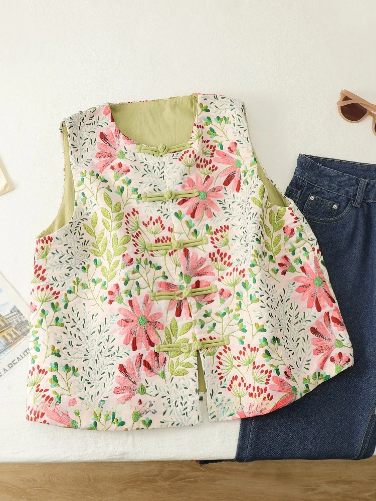 

Весна 2025, женский жилет с тяжелой вышивкой, новый китайский топ на пуговицах, круглый топ с принтом, повседневная одежда для поездок на работу