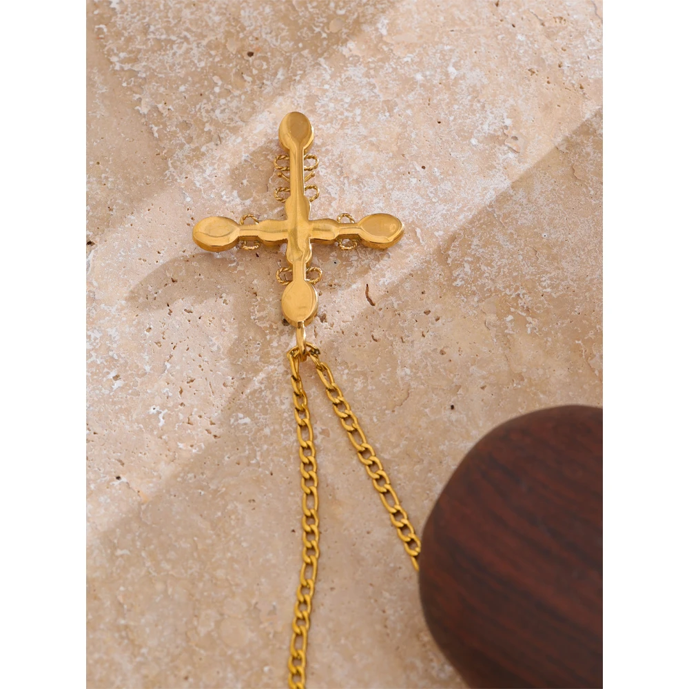 Yhpup Vintage Natural Stone Cross Pendant Palace Style Necklace Golden Stainless Steel Statement Collar Jewelry Gift
