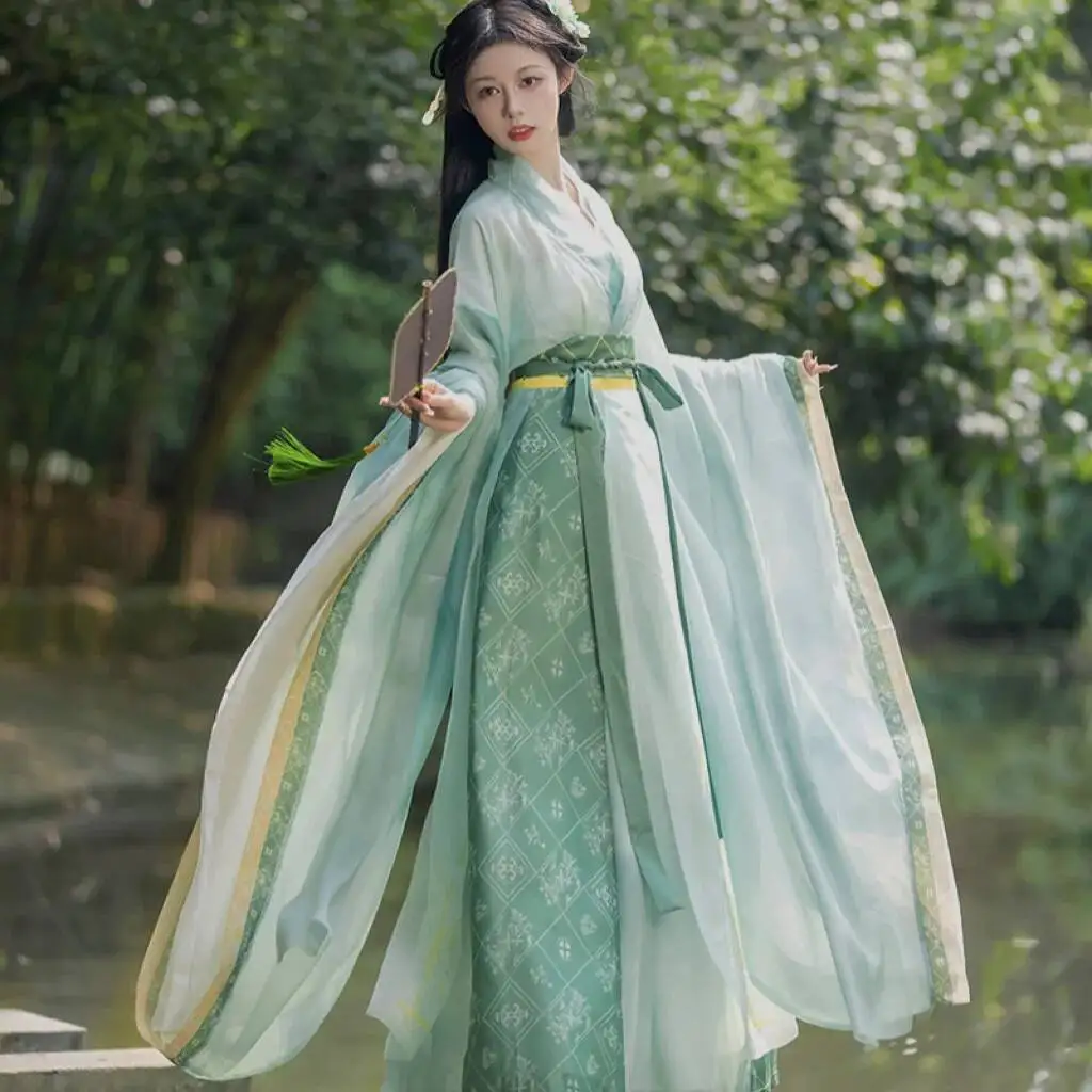 

Wei Jin Dynasty Hanfu Dress Crossed Collars Wide Sleeved Chinese Taditional Cosplay Costume Stage Performance Dress