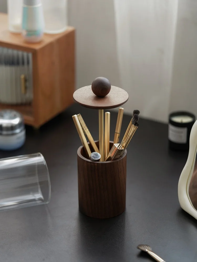 

Decorative Bla Walnut Wood eup Bru Holder Dustproof Wood Box Lipsti Eyebrow Pencil Organizer Home Decoration O...