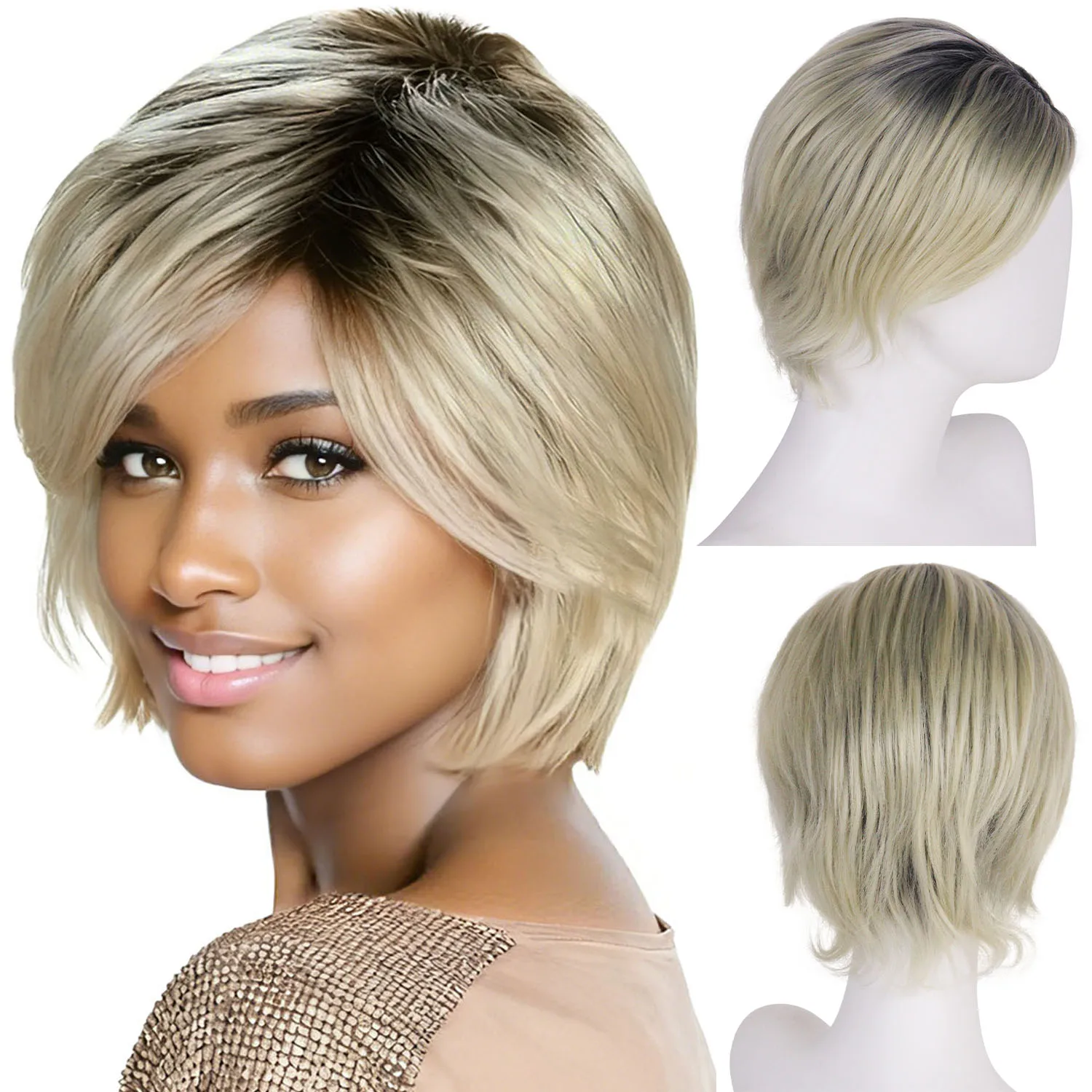 

Short Bob Wig with Bangs Synthetic Blonde Wigs for Women Lady Natural Hairstyles Ombre Blond Wig Casual Haircuts Clearance Sale