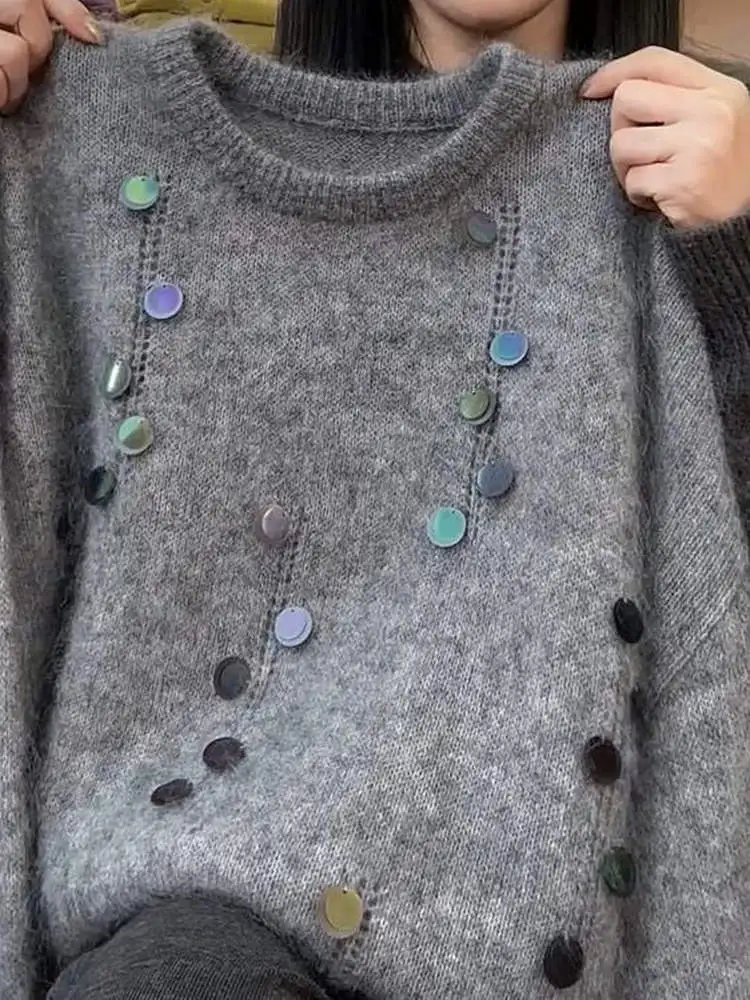 

plus Size 300 Pounds Fashion Lazy Heavy Work Sequin Design New Sweater Autumn Winter Loose High Level Knitted Shirt Women's F...