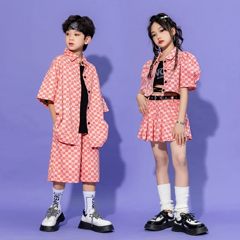Menina hip hop dança traje crianças rosa xadrez camisa calças superiores crianças jazz rua desempenho conjuntos de roupas