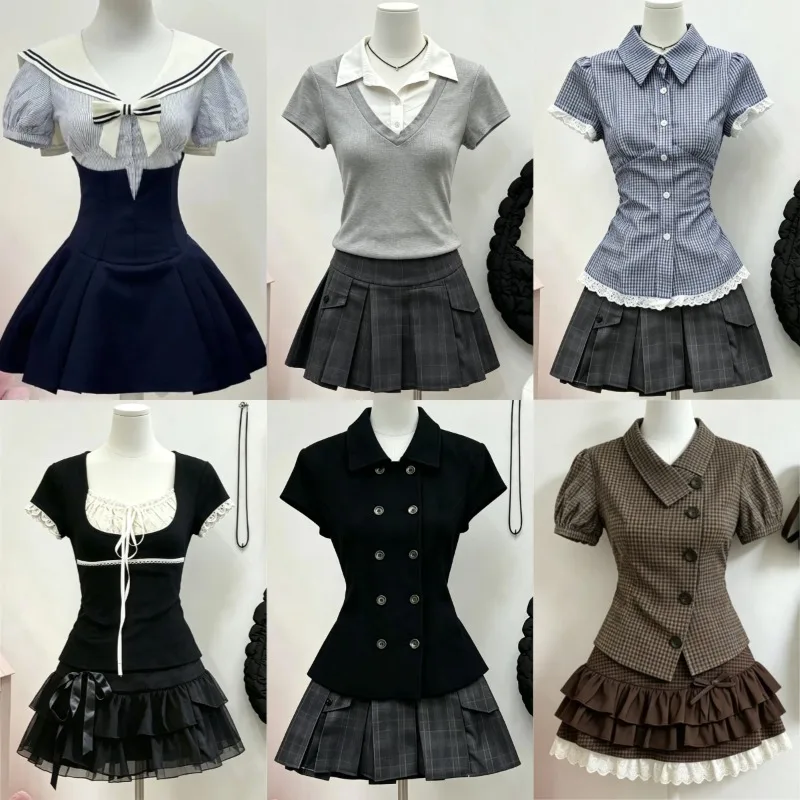 Süße Kawaii Elegante Damen 2-Teilige Sets Y2k Retro Schleifenoberteile Minirock-Anzug Weiblich Schlanke Passform Retro Chic Koreanische Kleidung Mode Neu