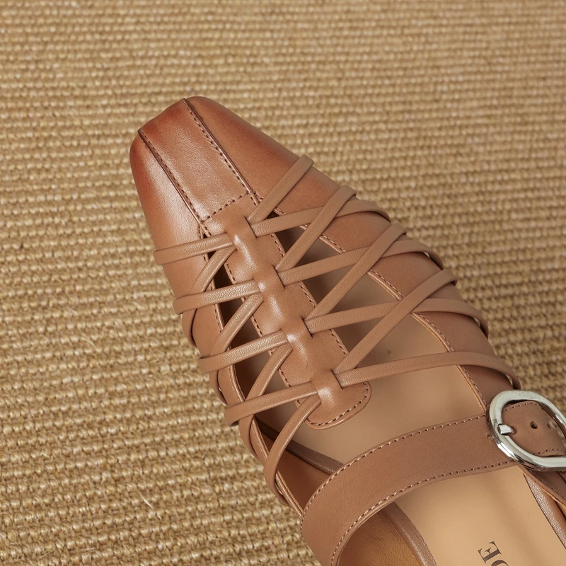 Women's new summer genuine leather cowhide hollow breathable toe cap retro high heels Mueller shoes fashion slippers view 4