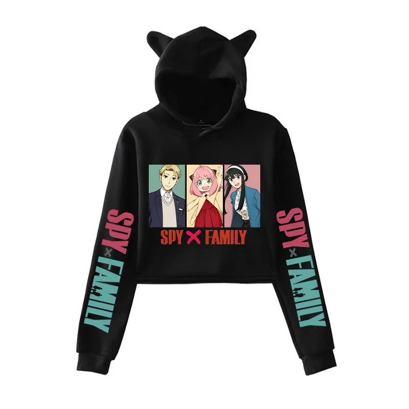 

Новая укороченная толстовка с кошачьими ушками и семейным принтом Spy X, толстовка с длинными рукавами в стиле аниме, модная уличная одежда, укороченный топ, женские толстовки