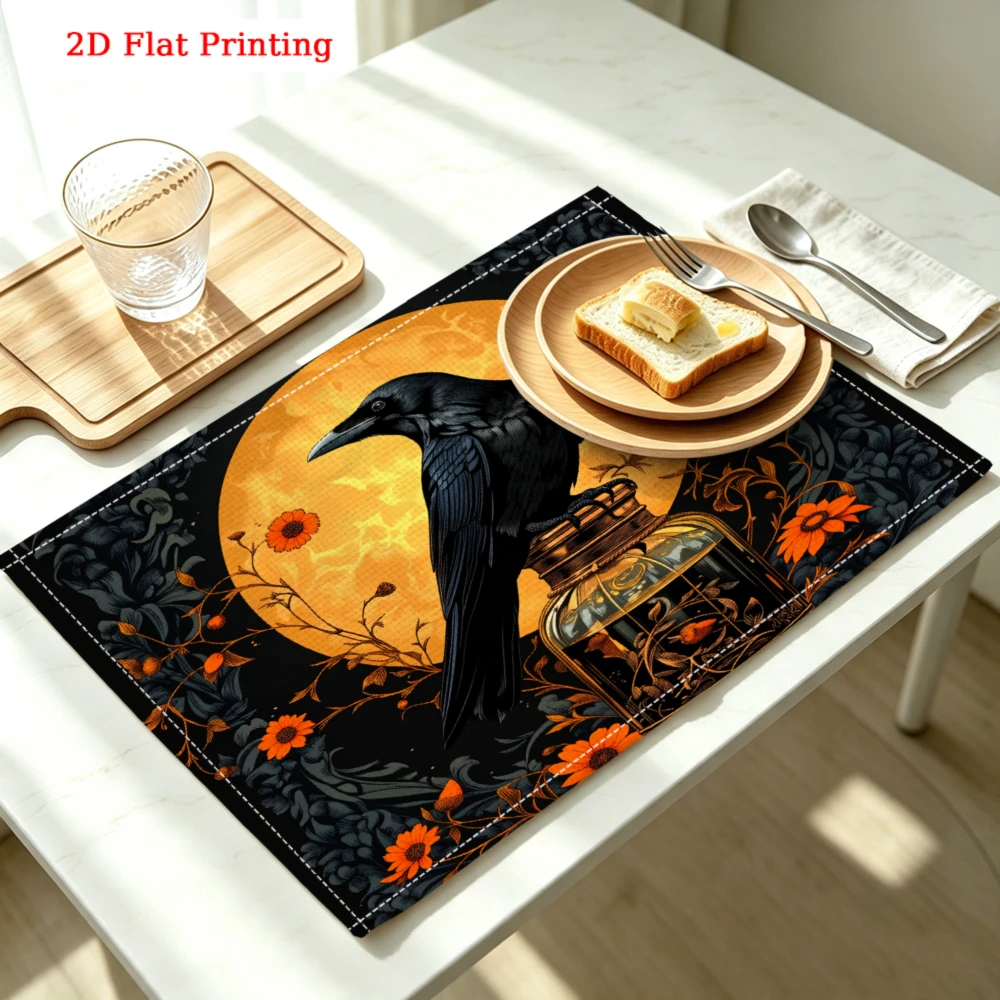 2Pcs Gothic Raven Moon Placemat Black Orange Floral Print Table Mat Kitchen Dining Decor Protection 30X40Cm