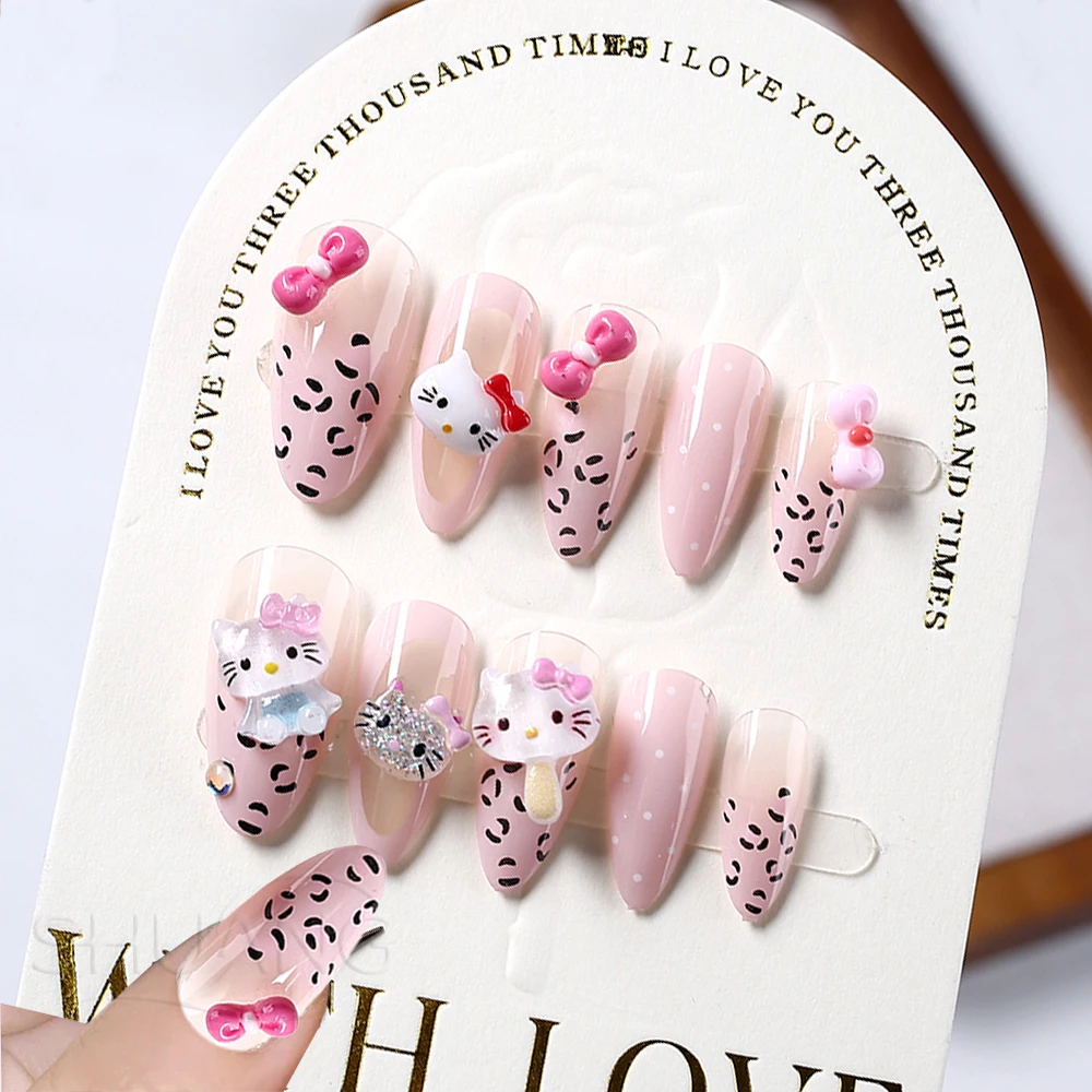 

24Pcs 3D Stereo Pink Leopard Hello Kitty Fake Nail Almond Bowknot Kitty Cat French False Nail Patches Y2k Cartoon Press-on-nails
