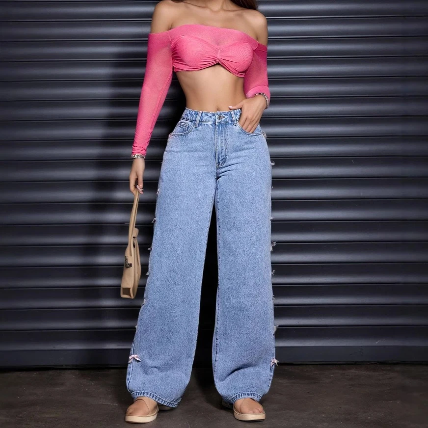 

Denim Pant Women Jeans Wide Leg Long Pants Bow High Waist Straight Trousers Y2k Streetwear Elegant Splice Work Casual 2026