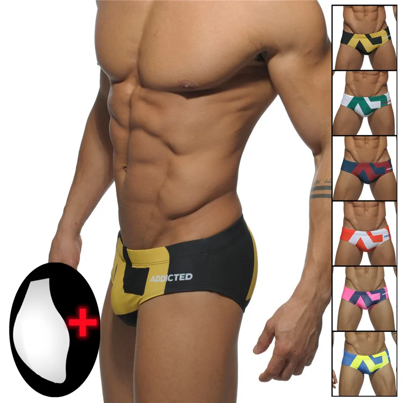 

Addicted men's cup swimming trunks sexy low-rise briefs ultra-fine nylon printed shorts