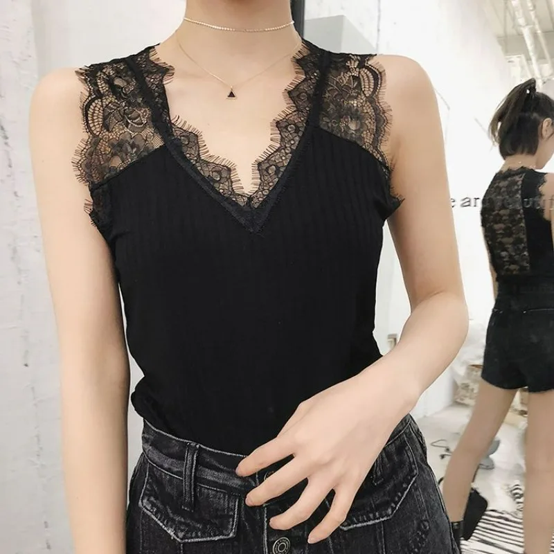 Summer High-quality Slim-fitting Thin Bottoming Shirt Women's Threaded Knitted Sexy Backless Lace Vest Suspenders