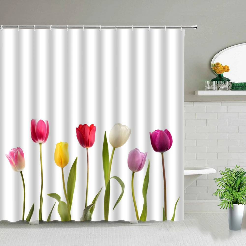Tulip Flower Shower Curtain Farm Truck Sunflower Plant Butterfly Scenery Print Bathroom Decor Screen Bath Curtain With Hooks