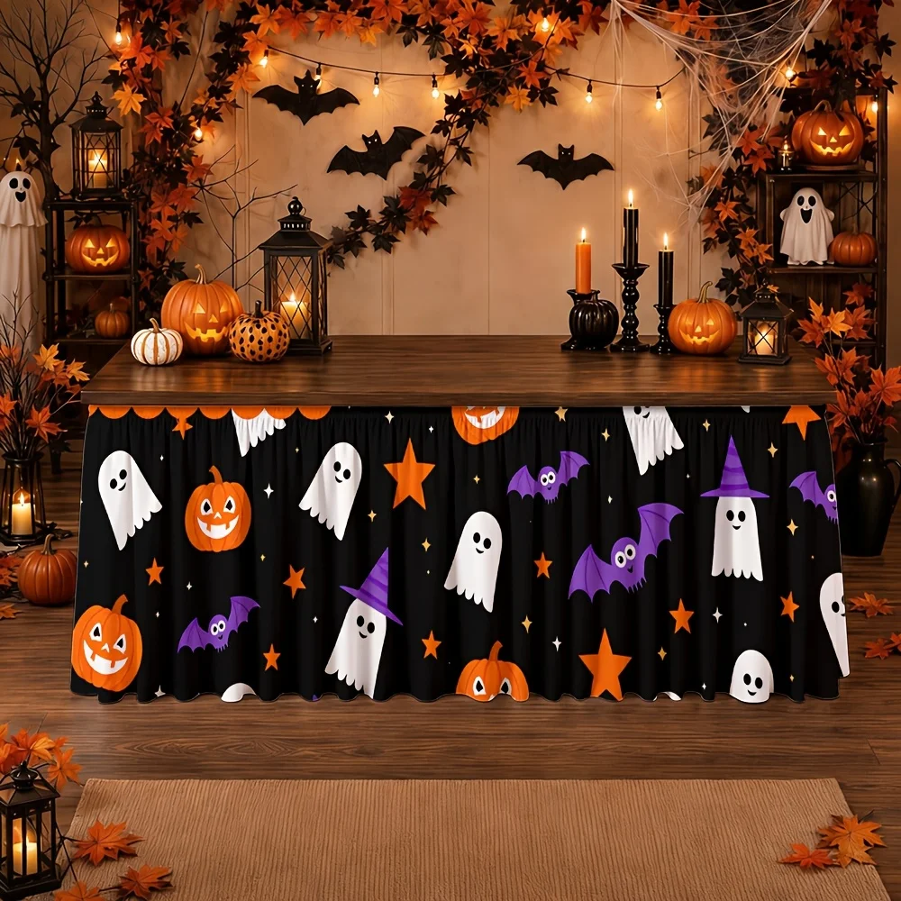 Halloween-themed tablecloth, featuring ghosts, pumpkins, bats, stars and witch hats, with a black background.zyc