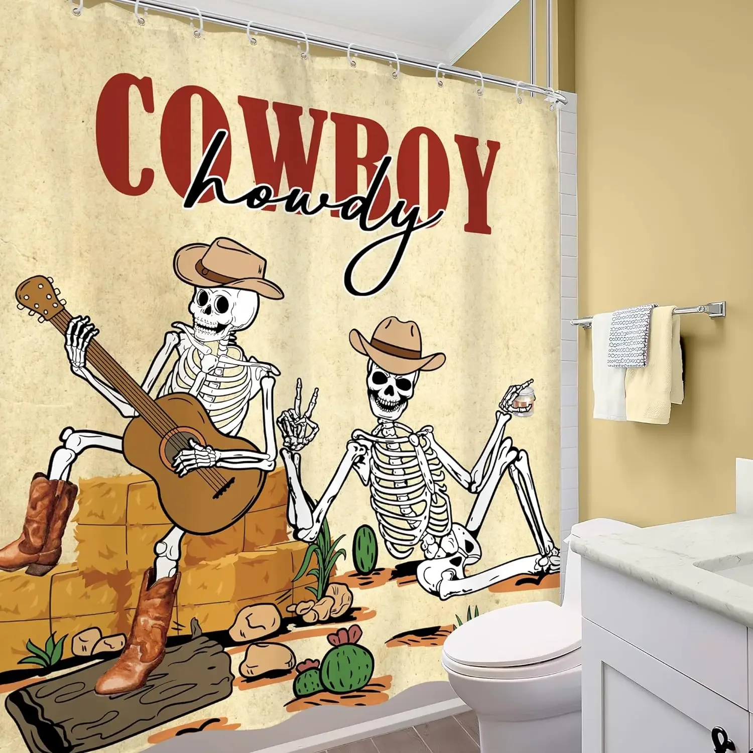 Vintage Western Skull Guitar Shower Curtain Funny Skeleton Cowboy Howdy Gothic Wild Country Desert Shower Curtain Bathroom Decor