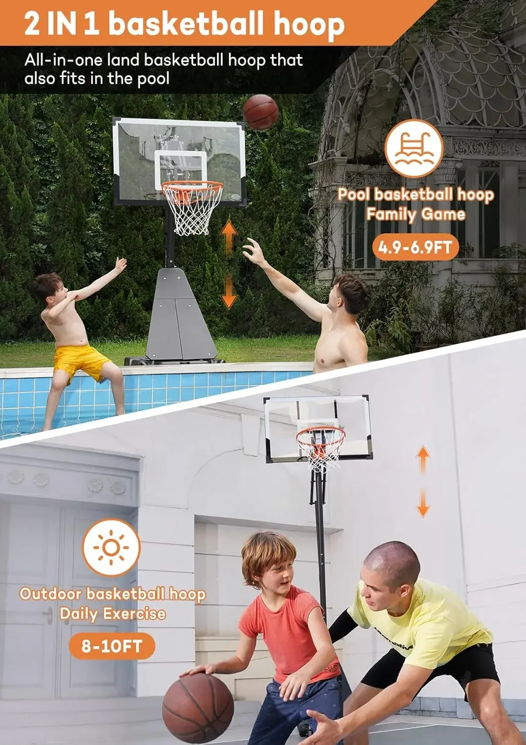 Hoop Outdoor System with 44 Inch Shatterproof Backboard, 4.8FT-10FT Height Adjustable Basketball Goal System for Yout