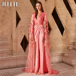 JEHETH Saudi Arabia Mermaid Evening Dress 3D Floral Cape Sleeve V Neck Formal Occasion Dresses Split Satin فساتين سهره فخمة 2024