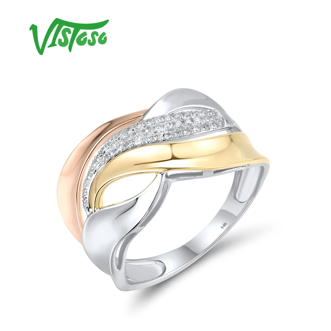 VISTOSO Genuine 14K 585 Tri-Color White/Yellow/Rose Gold Rings For Women Sparkling Diamond Delicate Wedding Fine Jewelry Set