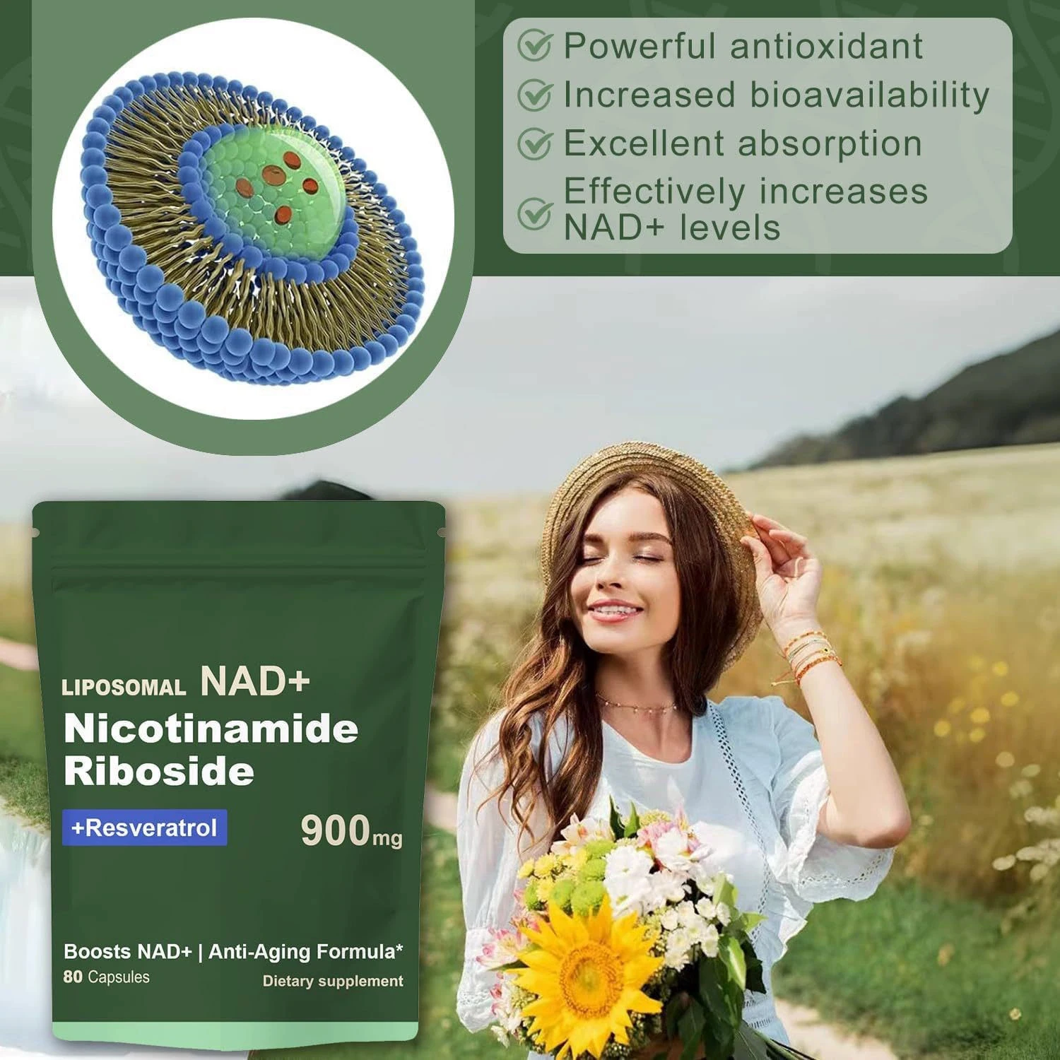 Liposomal NAD+ Nicotinamide Riboside + Resveratrol 900mg Anti-Aging Dietary Supplement 80 Capsules | Boosts NAD+ Levels