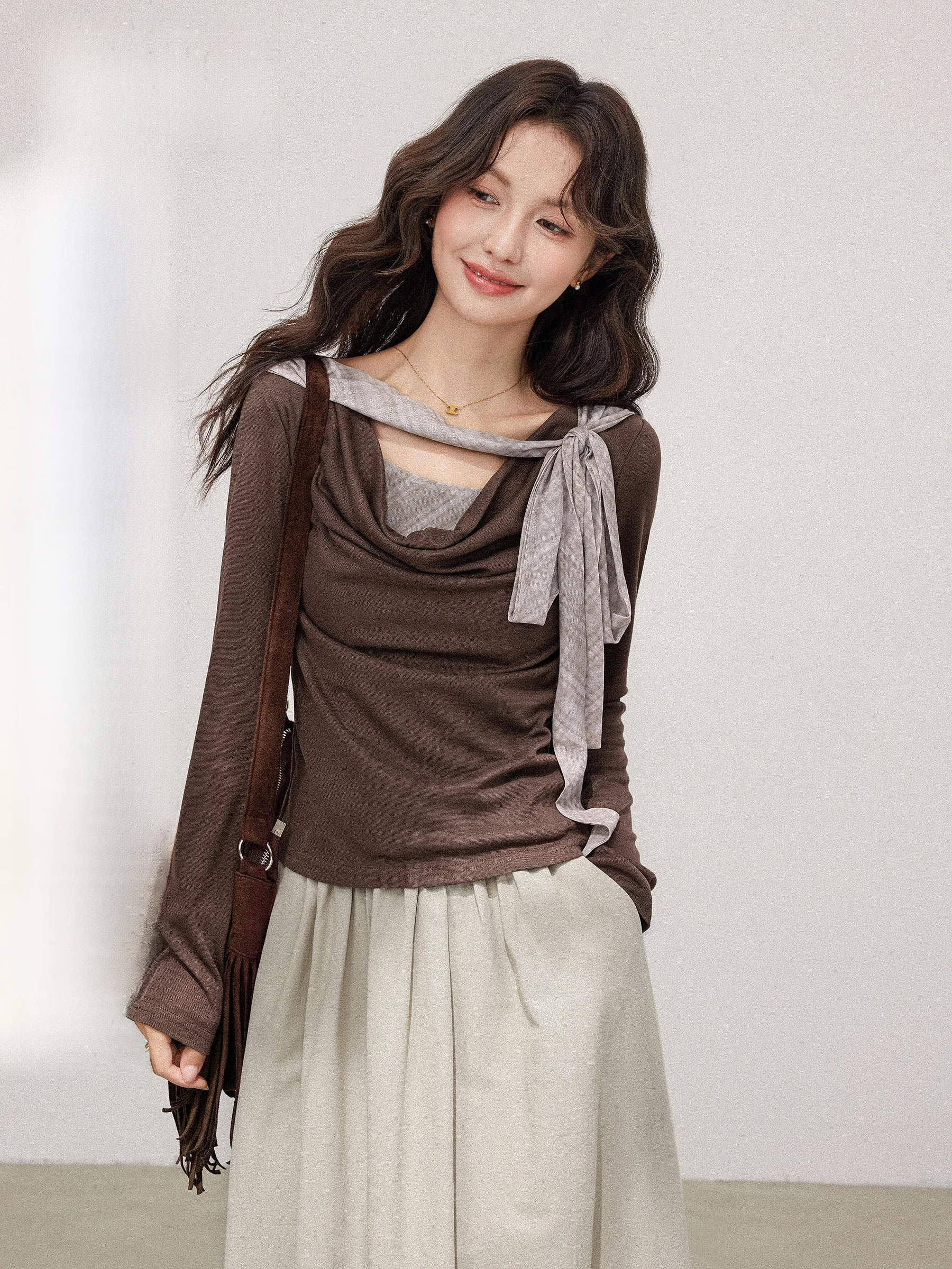 

Коричневая длинная футболка-поло женская, весна-осень, новая, с поясом, для повседневной носки, приталенная, однотонная, дышащая