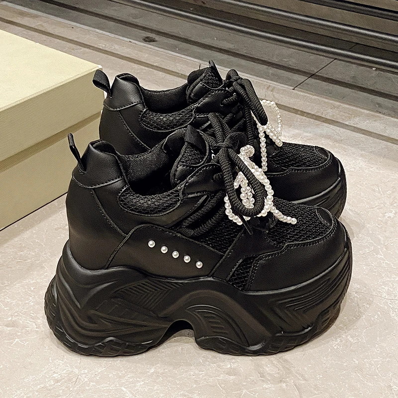 

10CM Women's Mesh Dad Shoes Thick Bottom Platform Sneakers New 2025 Summer Casual High Heel Sport Shoes Breathable Pearl Loafers
