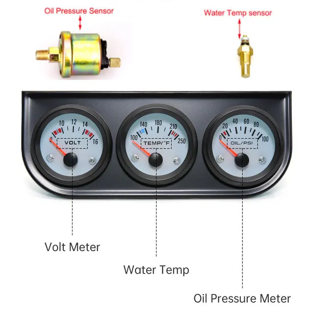 52 MM 3 In 1 Oliedrukmeter + Voltmeter + watertemperatuurmeter Kit Voltmeter met sensor Olietemperatuurmeter Triple Meter