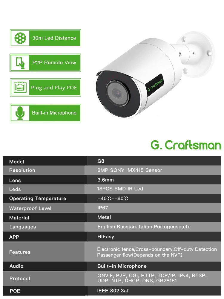 C-R,Full-HD,8MP IMX415,Security POE IP Camera,MIC,IR,Electronic Fence,Cross-boundary,CCTV,Video,Surveillance,Security,HiEasy,G8 - view 2