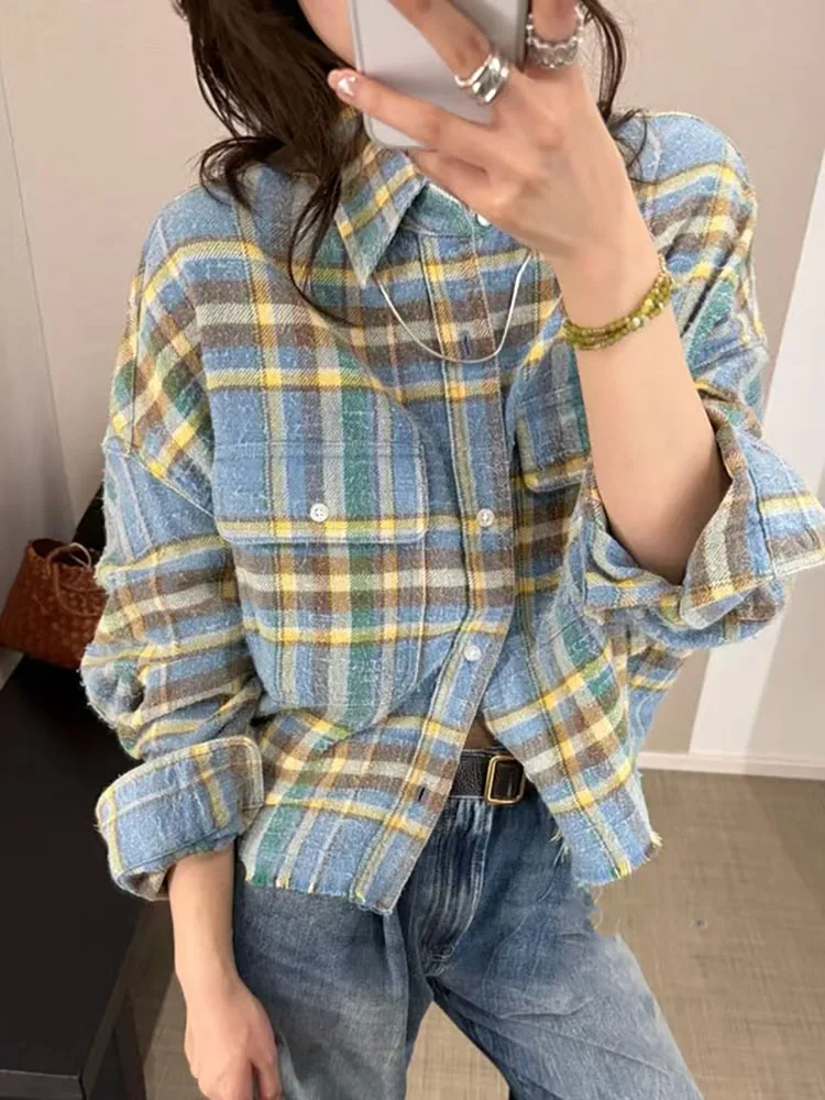 

Vintage-style lady's distressed fringed checkered shirt - 2026 spring new style loose-fitting slimming business casual top