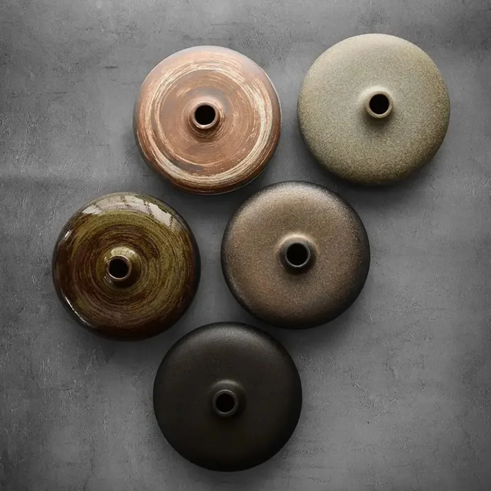Home Coarse Porcelain Vase Retro Living Room Decorative Art Ornaments Flat Vase Flower Arrangement Container Interior Decoration