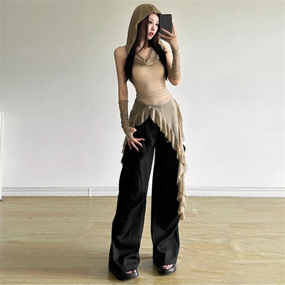 الكورية Y2K Ins قنديل البحر شبكة حزام تي شيرت شبكة على شكل الخصر مطوي سليم صالح القمم قبالة الكتفين شفافة