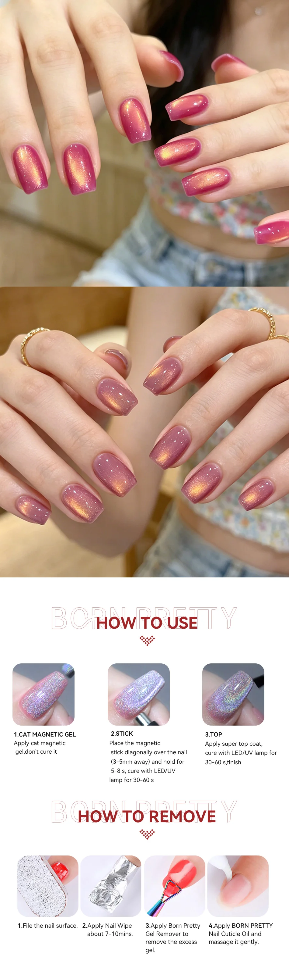 BORN PRETTY 10ml Grape Golden Cat Magnetischer Gel-Nagellack Rose Majesty Scarlet Jade Farbdesign Abziehbarer Frühling Sommer Maniküre – Detail 7