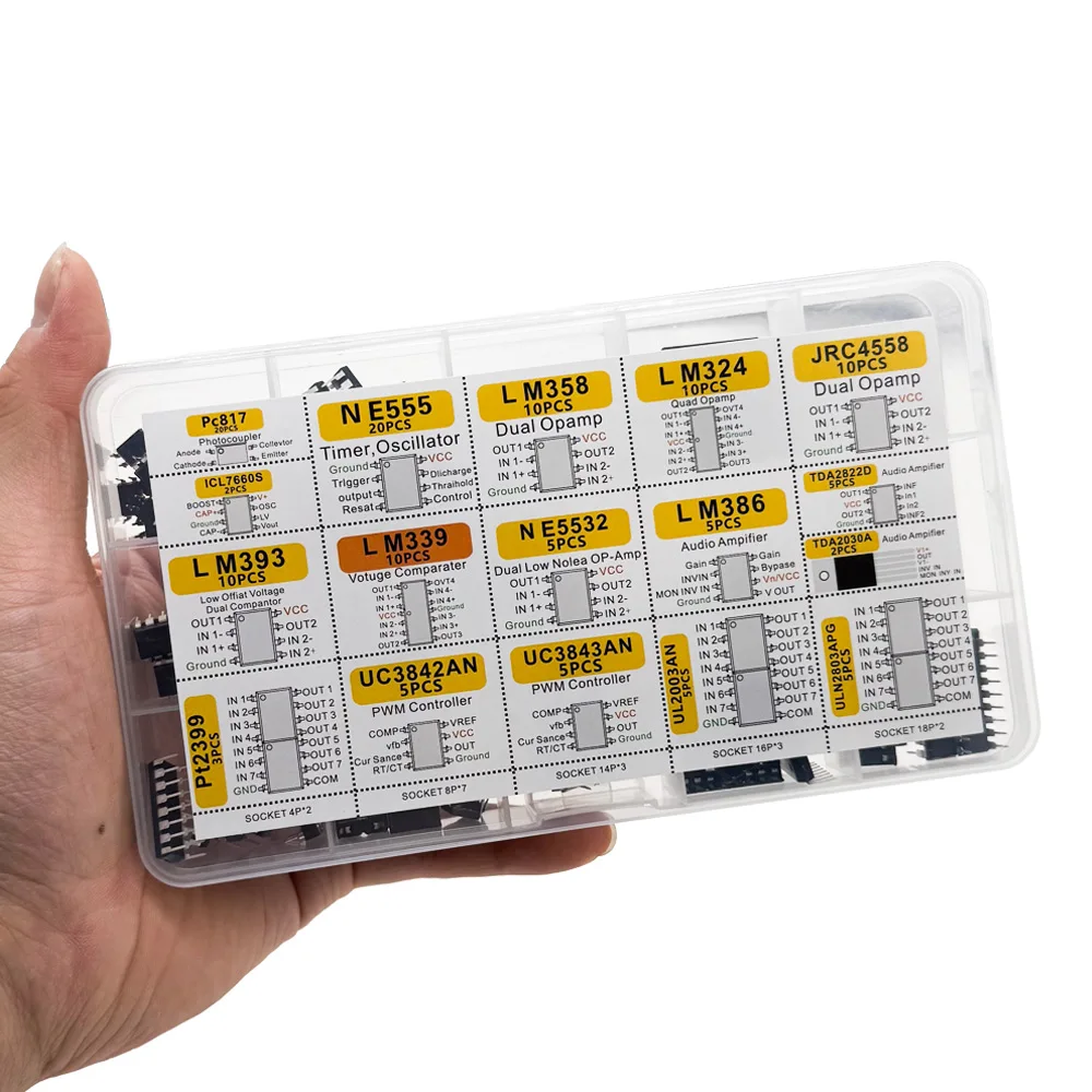 150pcs DIP Integrated Circuit Chip IC Boxed Chip Assortment Amplifier LM358 JRC4558 LM393 LM339 TDA2030A PT2 PC817 ICL7660 NE555