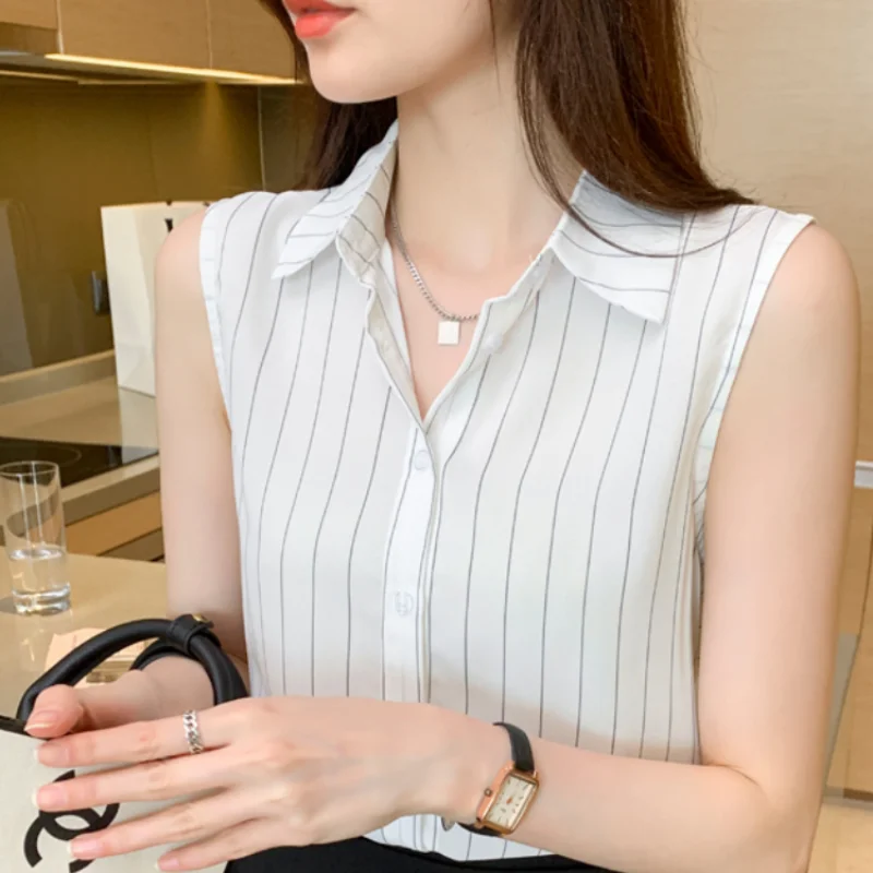 Woman Shirts V-neck Sleeveless Striped Laides Tops Chiffon Women Shirts Blouses Button Up Female Tops Fashion Clothes Woman 2024