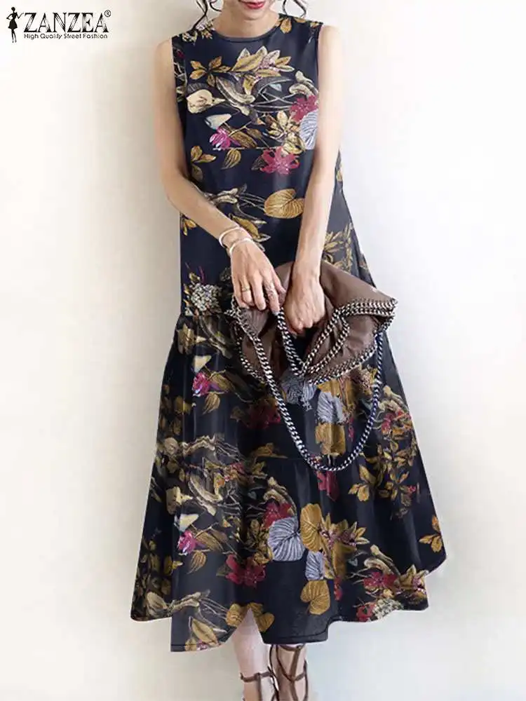 ZANZEA Summer Fashion Floral Printed Dress Women Bohemain Holiday Sundress Casual Sleeveless Maxi Vestidos Female Ruffles Robe