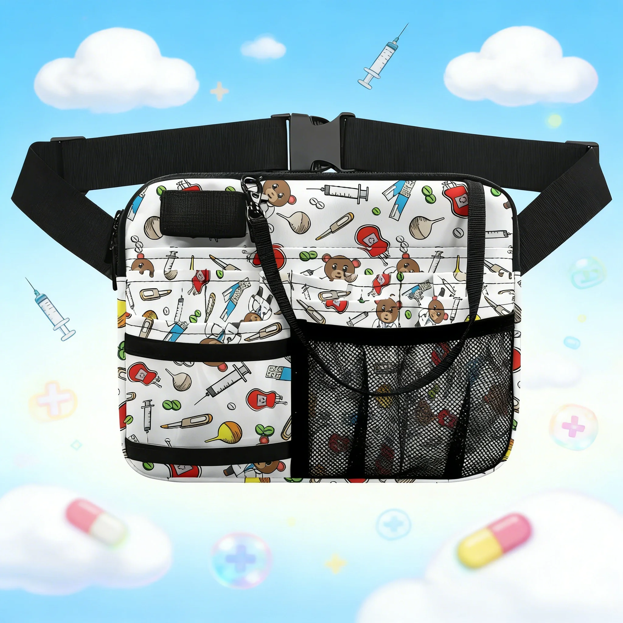 cute-nurse-waist-bag-cartoon-medical-print-fanny-pack-with-stethoscope-holder-multi-pocket-belt-organizer-for-women-men