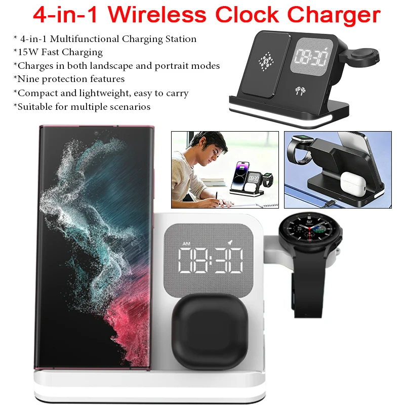 4-in-1 Desktop Clock Wireless Charger with Three-Level Adjustable Brightness LED Night Light Multi-functional Charging Station