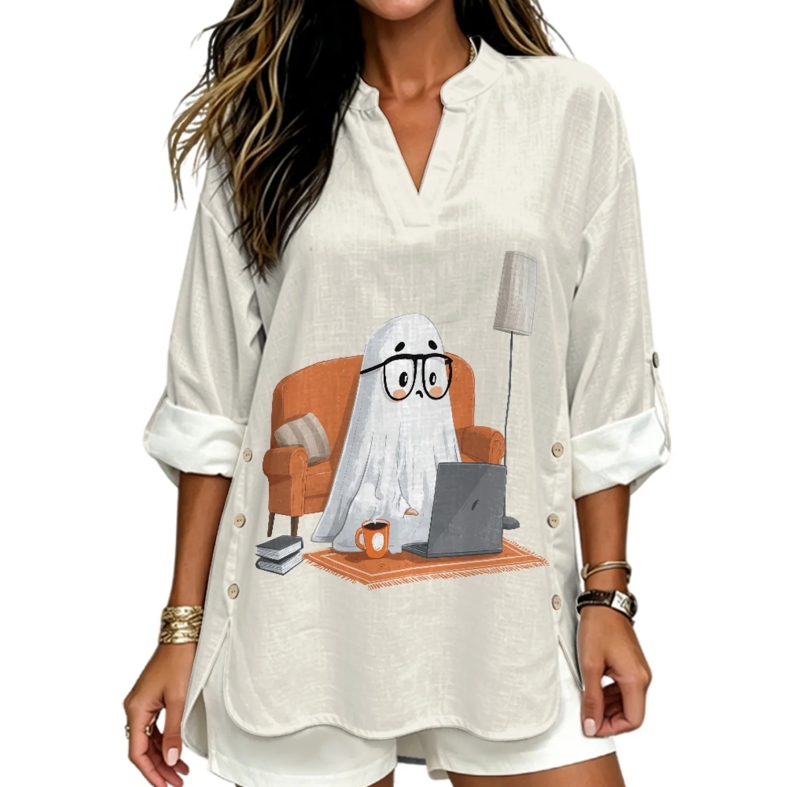 PENSTROLL Cartoon Ghost Print Linen Like Women's Long Sleeve Shirts Side Slit Hem Notch V Neck Blouses for Womens Sizes S-5XL