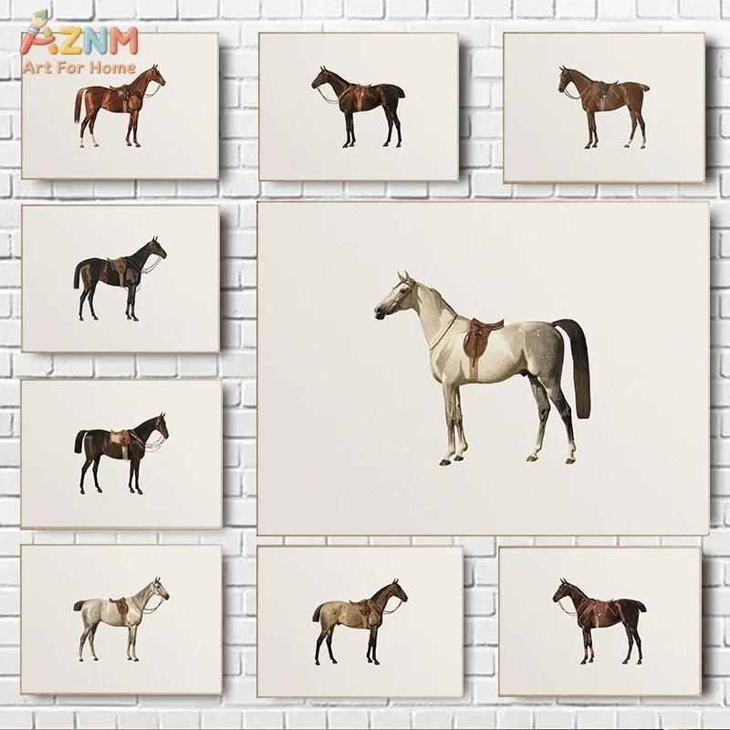 AZNM Vintage Equestrian Horse Canvas Wall Art Minimalist Riding Horse Portrait Poster Print Western Farm Gallery Decor Unframed