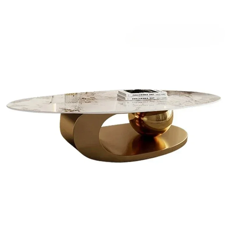 A  Light Luxury Modern High-End Stainless Steel Oval Stone Plate Coffee Table  Living Room Small Apartment Coffee Table