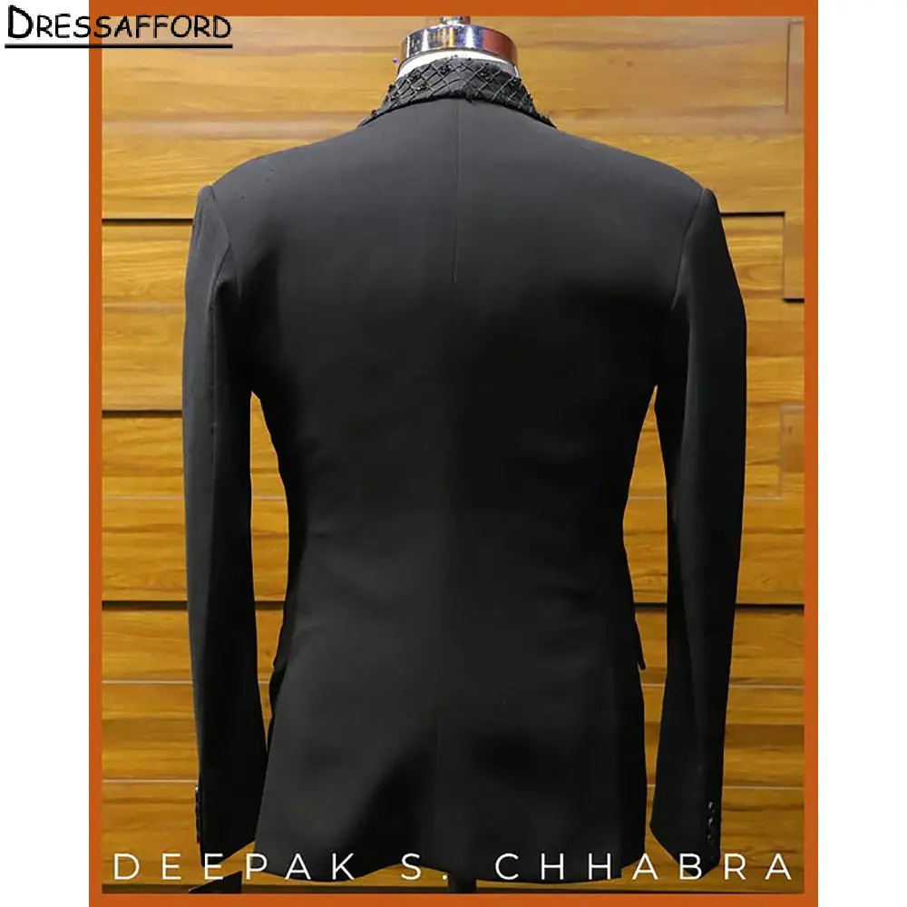 Black Formal Wedding Suits Pleat Crystal Beading Men's Business Suit 2 Pieces (Jacket+Pants) Man Tuxedo Groom Wear