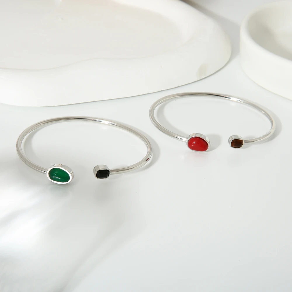 New Stainless Steel Natural Stone Open Cuff Bracelet Bangle Green Red Black Stone PVD 16K Gold Plated Tendy Jewelry for Women - Image 6