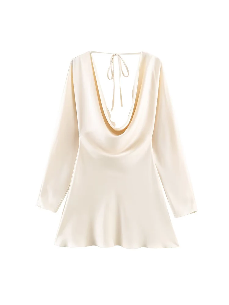 Elegantes Satin-Partykleid für Damen, High Street, langärmelig, Minikleid, Frühling und Herbst, modische Damen-Kleider mit schwingendem Kragen