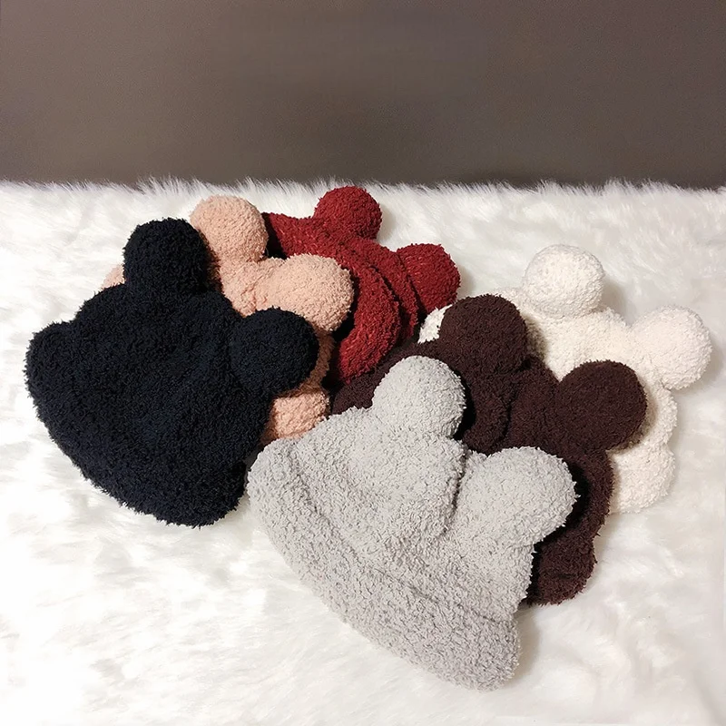 Women's Plush Mouse-Ear Beanie Hat for Autumn/Winter Warm Pull-Over Bucket Hat for Shopping Trips Cotton-Lined Hat