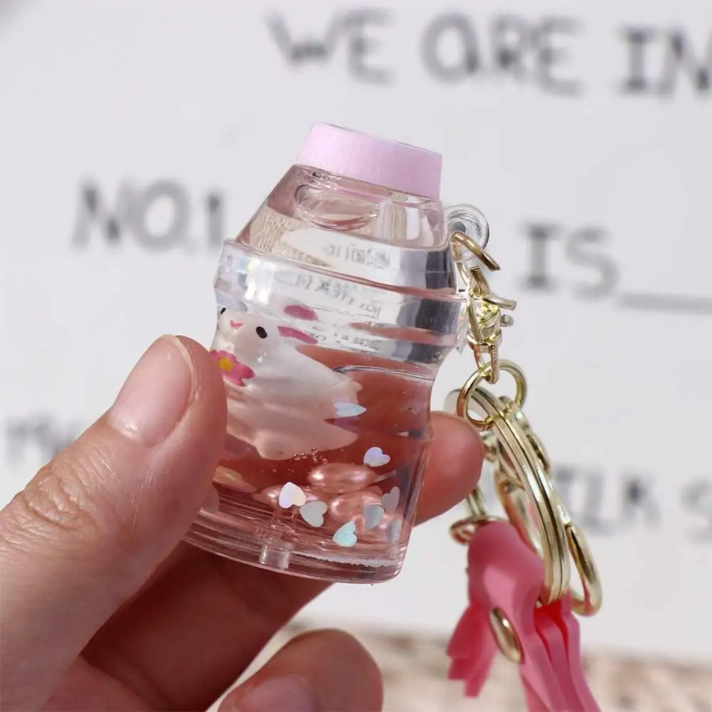 Cute Cherry Blossom Quicksand Drink Bottle Moving Liquid Liquid Keychain Boba Keychain Key Ring Rabbit Milk Tea Cup Keyring - view 5